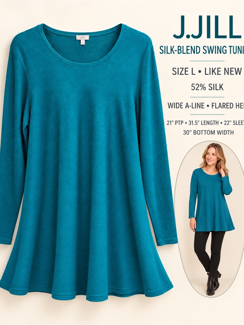J.Jill Women’s L Teal Silk Blend Swing Tunic Top A-Line Flared Hem